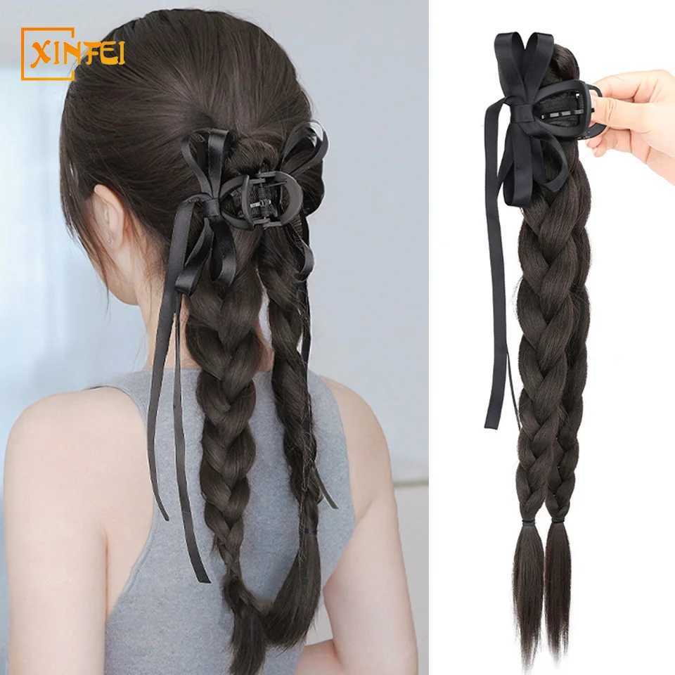 Synthetic wig ponytail womens natural hair extended ribbon fluffy grab clip style braided hair high ponytail hairstyle W240817