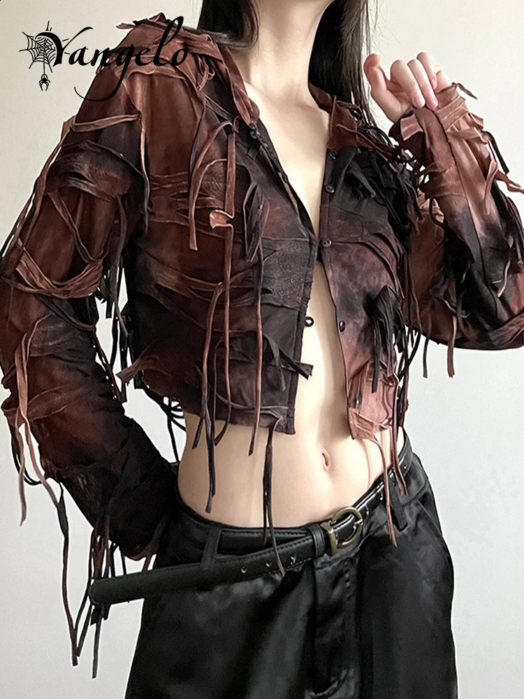 Yangelo Gothic dark patchwork work fringe fairy pleated hooded cardigan womens Y2K retro long sleeved ultrathin button crop top 240814