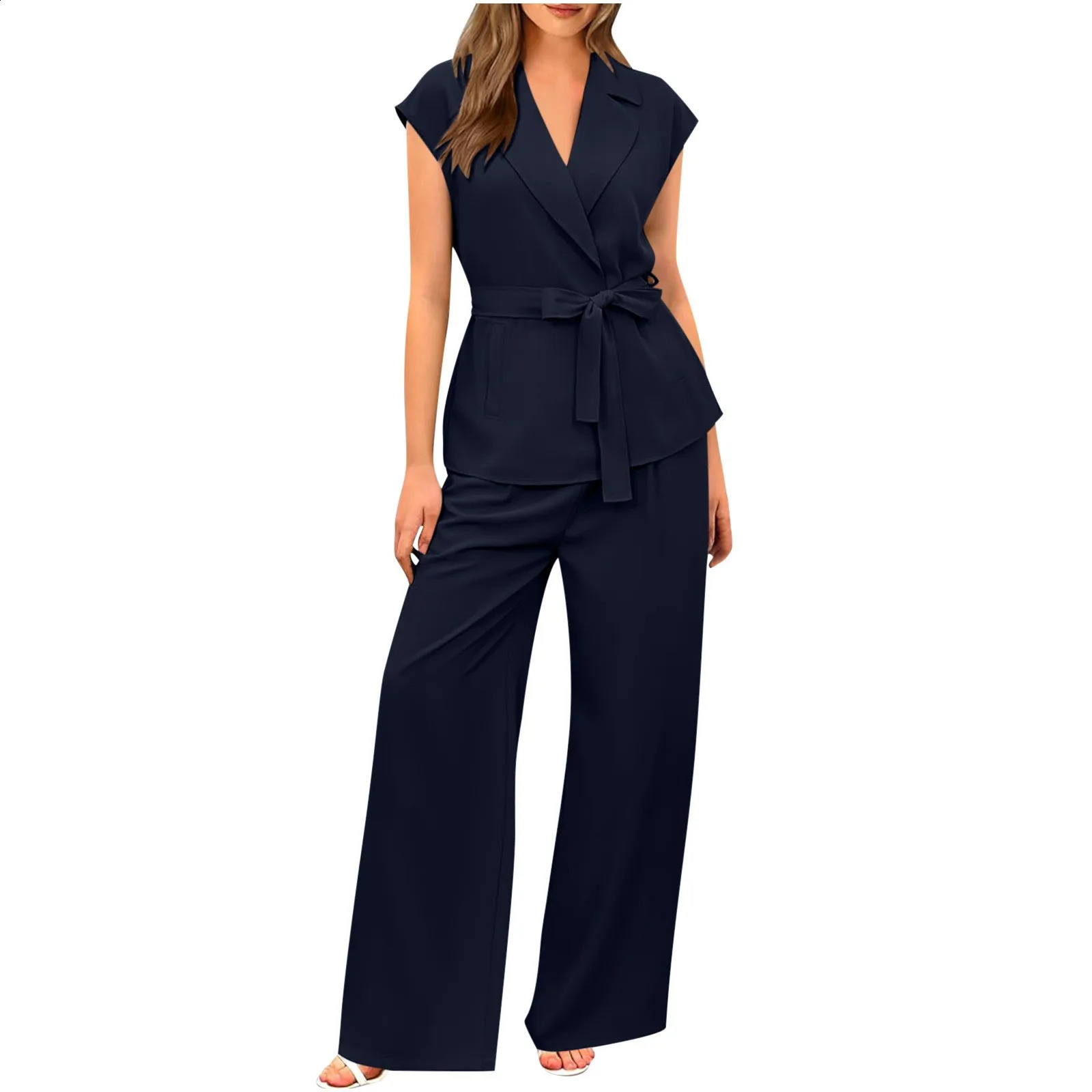 2024 WomenS Pant Set Fashion Casual Sleeveless Loose Lace-Up Cardigan Top Elegant Vintage High Waist Wide Leg Trousers 2-Piece 240819