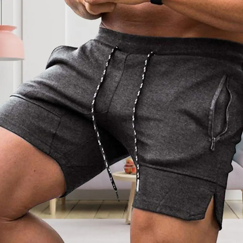 Short zipper pocket drawstring closure mens mid rise sports shorts jogging training fitness 240819
