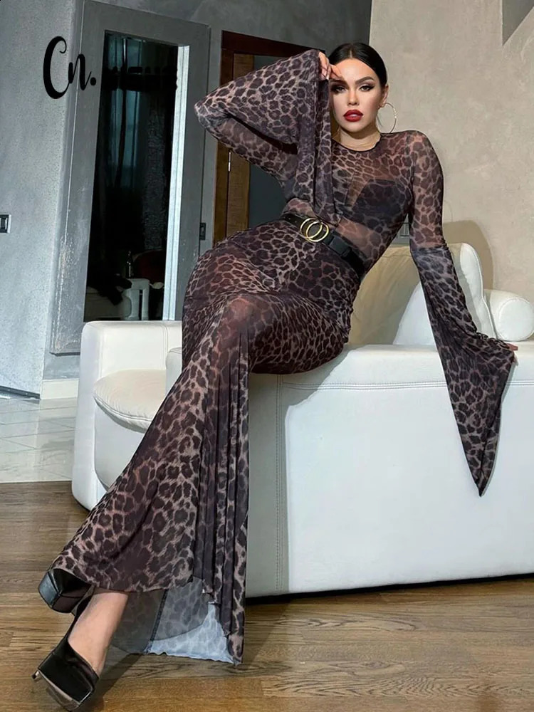 CNYISHE Leopard Fashion Bodycon Sheath Women Dresses O Neck Long Flare Sleeve Outfits Sheer Sexy Club Female Slim Vestidos Robes 240819