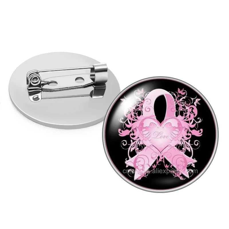 New Pink Ribbon breast cancer Photo Glass cabochon Brooch pinback Button Bag Clothing Denim Jeans Lapel Pin Badge Jewelry Gift W240815