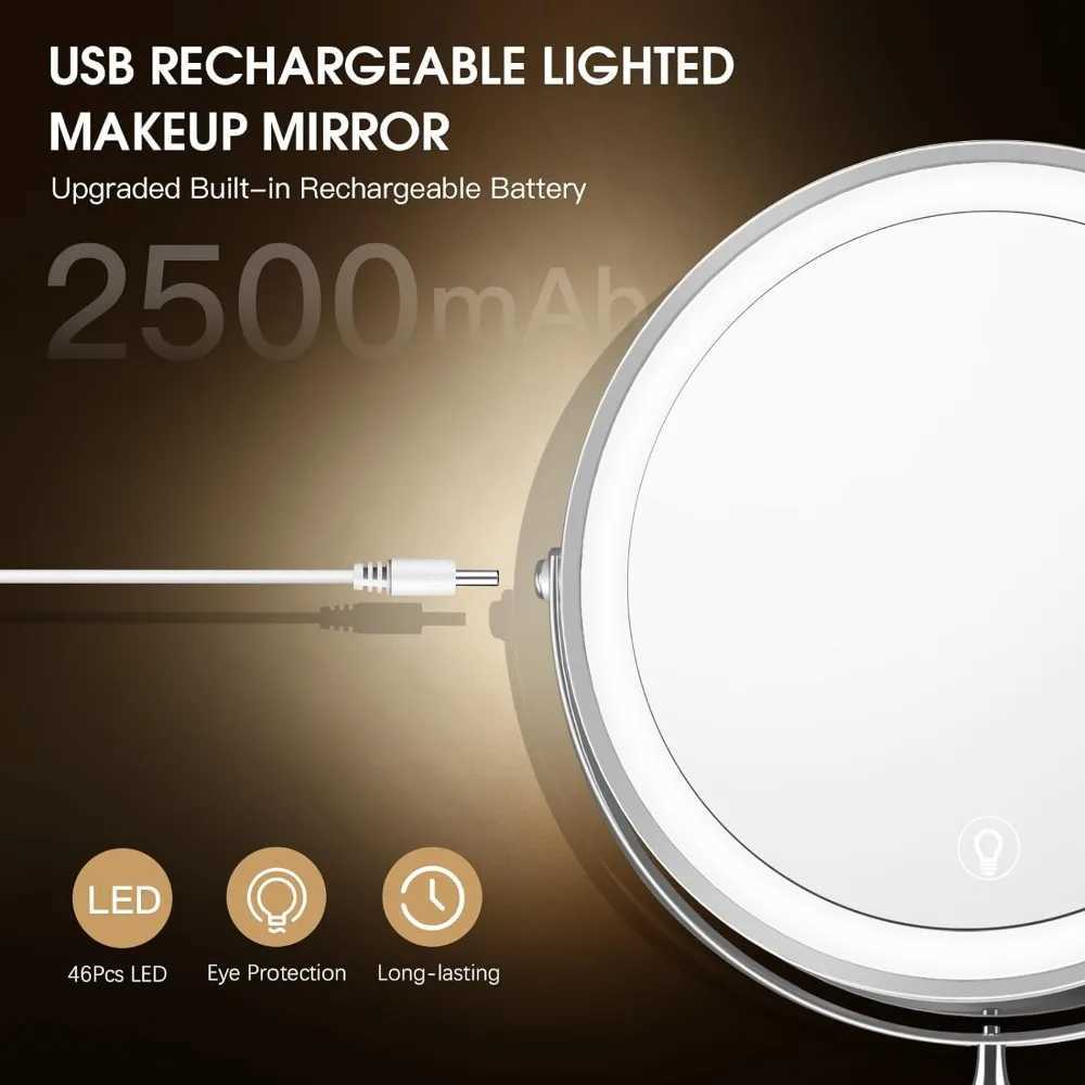 Wall Mounted Lighted Makeup Mirror 8 Rechargeable Double-Sided Magnifying Mirror 1x/10x 3 Colors Led Touch Dimmable Y240819