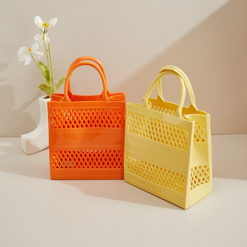 PVC Barbie Jelly Fashionable Versatile Soft Handle Vegetable Basket, Anti Dirty and Easy to Wash Summer Handheld Women's Bag