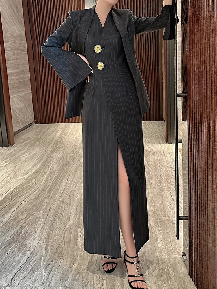 BJTZ Womens 2piece Fashion Stripe Set Jacket Vneck Sleeveless Single Chest Seam Dress Spring Clothing 240819