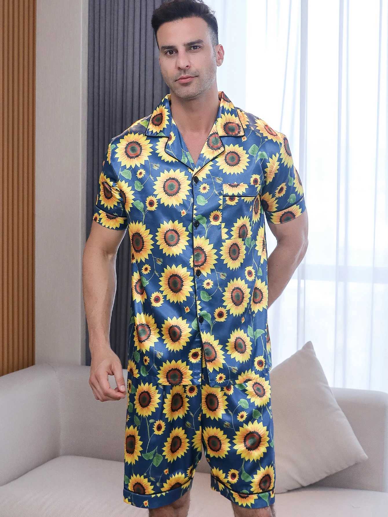 Mens two-piece summer short sleeved pajamas with sunflower pattern printed home clothing pajamas setW240719