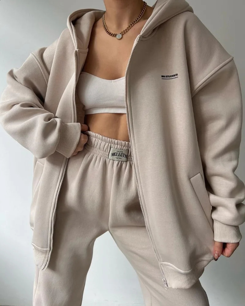 Spring Autumn Women Fashion Tracksuit Solid Color Sportswear 2 Pieces Hooded Sweatshirt Sets Oversized Pullover Shirts and Pants 240819