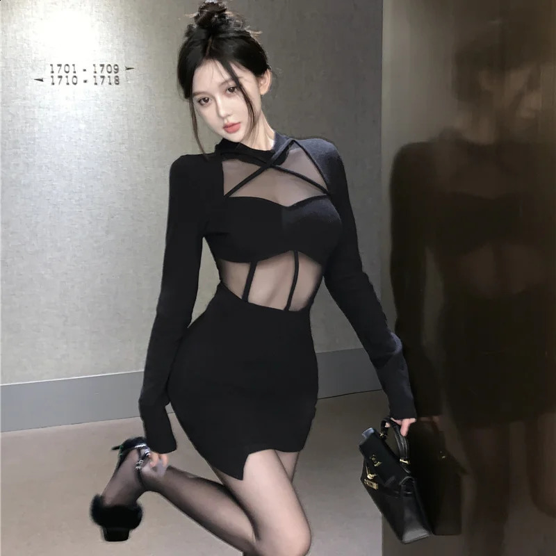 Long Sleeve Dresses Women Halter Elegant Black Sexy Slit Fashion Skinny Spring sweet Sheer European Style Ankle-length Party 240819