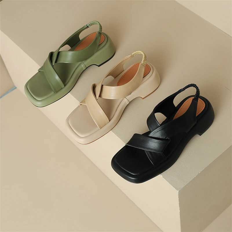 Meotina Women Genuine Leather Sandals Square Toe Platform Block Mid Heels Ladies Fashion Casual Shoes Summer Green Apricot 40 CL240806