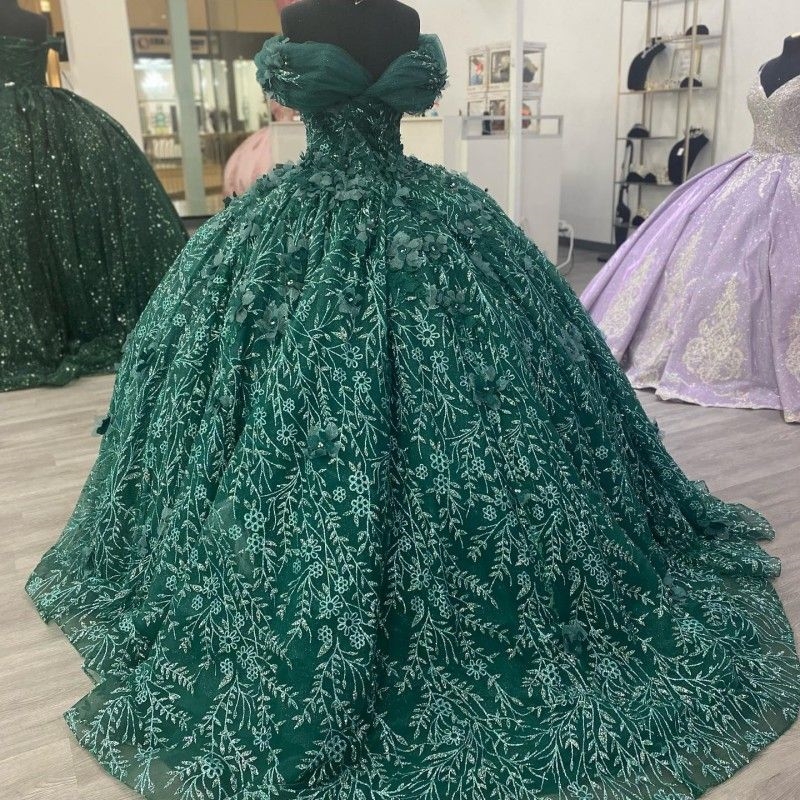 Emerald Green Shiny Quinceanera Dresses Ball Gown 3D wer Sequin Applique Crystal Sweet 16 Birthday Party Dress vestidos de 15 anos