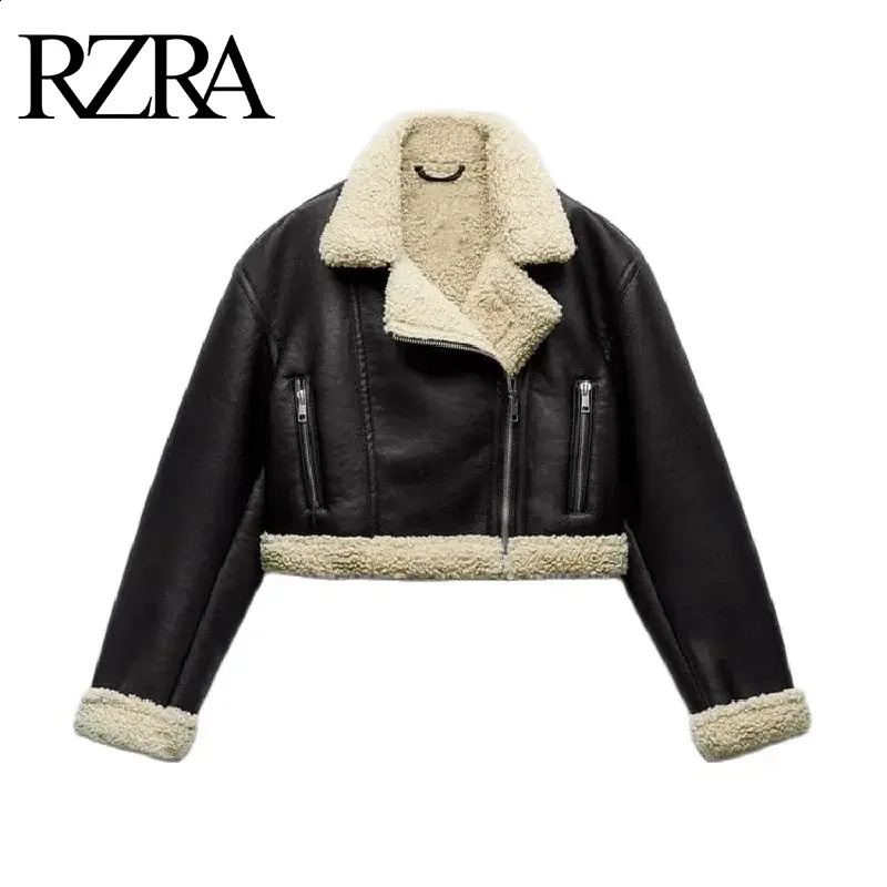 RZRA Womens Autumn and Winter Lapel Fashion Versatile Zipper Pocket Polar Fleece Double-sided Leather Short Jacket 240819