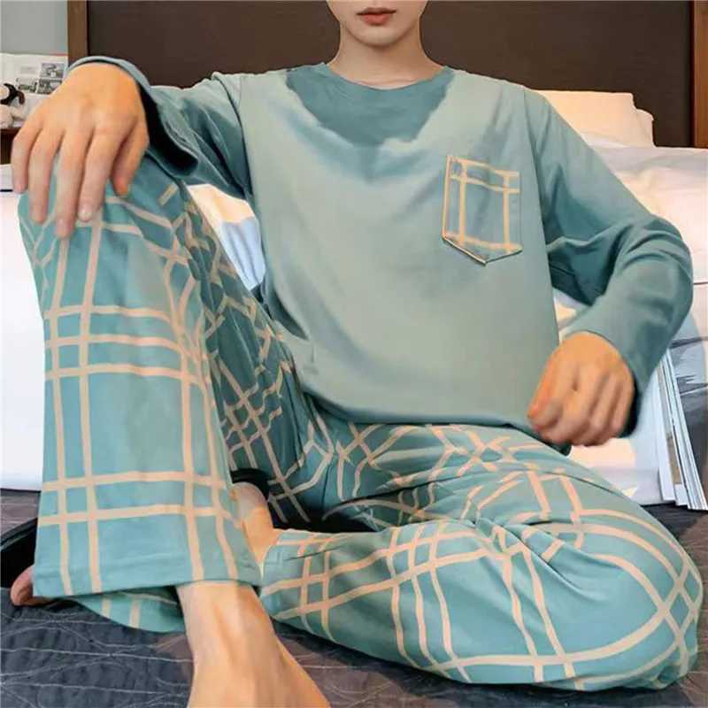Mens plus size sleepwear set solid round neck knitted cotton sleepwear set mens 4xl sleepwear autumn casual mens sleepwearW240719