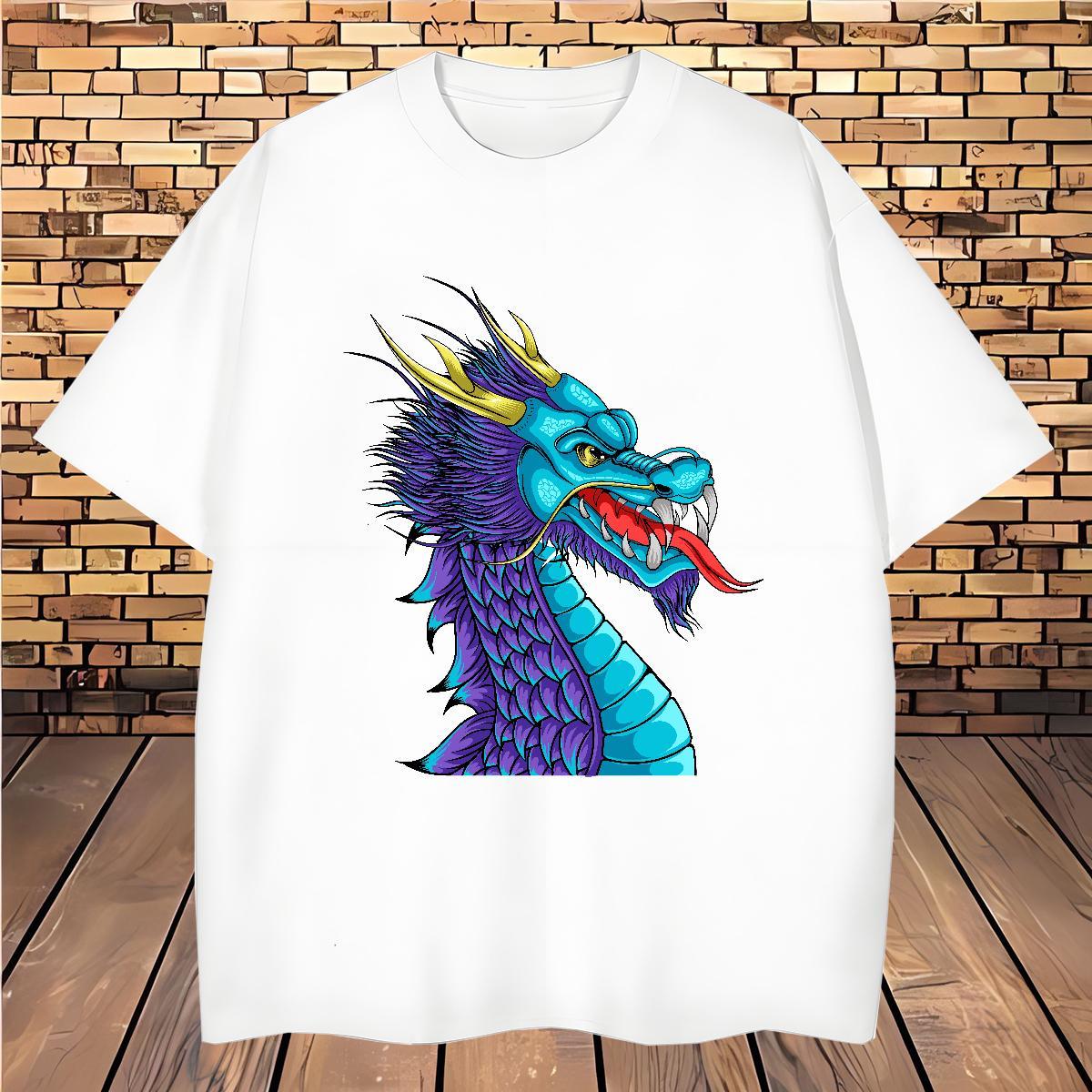 T Shirts Men 100% Cotton 230g dragon Anime Printing Street Short Sleeve O-Neck DIY Men Tops Tees 2024 New Soft Tshirts