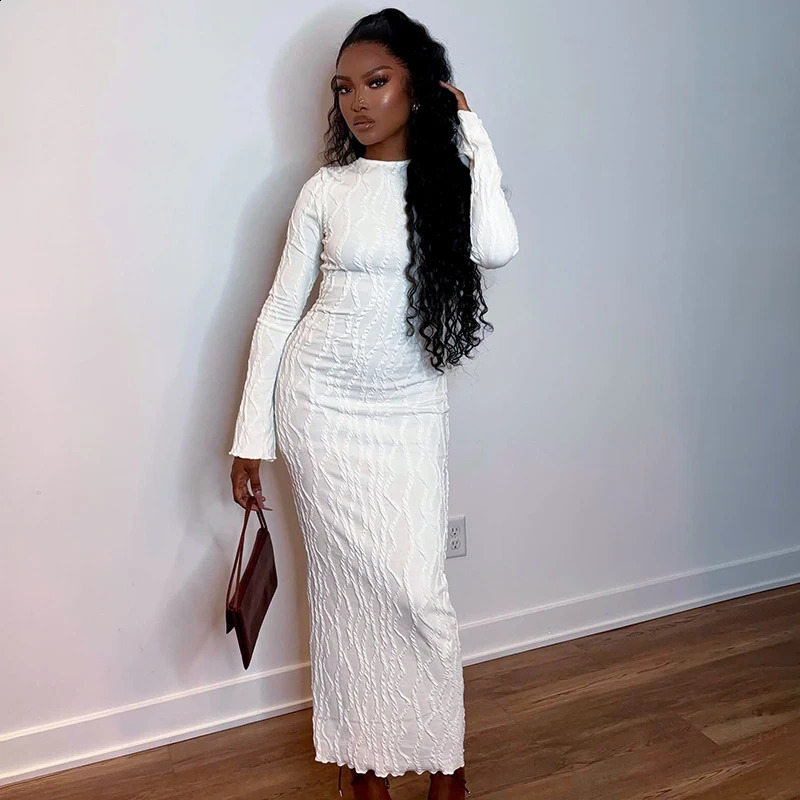 BUILDINGB Women White Elegant Knit Dress Casual Slim Bottom Shirt Full Sleeve Textured Long Autumn Street Dress 240819