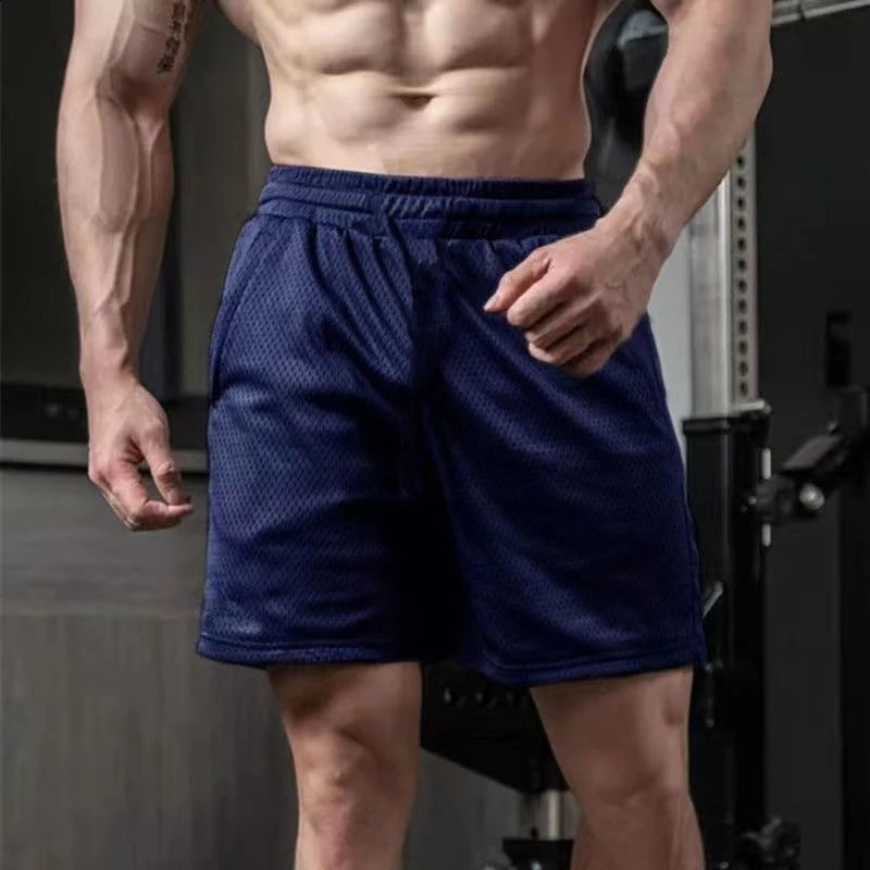 Mens mesh shorts breathable and quick drying gym running solid color daily sports 240819