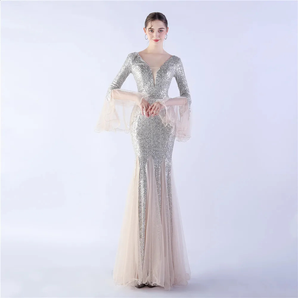 YIDINGZS Elegant Long Sleeve Sequin Evening Dress Gold Mesh Party Maxi Dress 240819