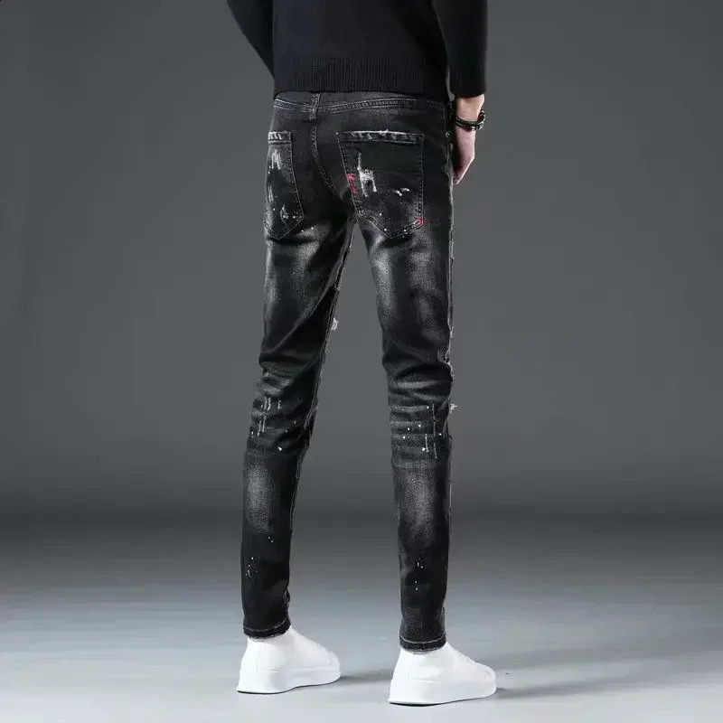 Trousers Ripped Torn Patch Man Cowboy Pants Slim Fit with Holes Mens Jeans Tight Pipe Skinny Broken Korean Autumn Goth Xs 240819