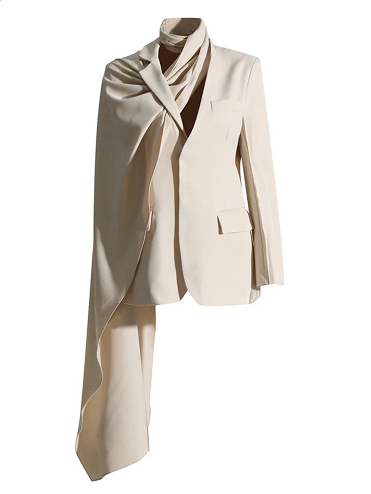 EAM Coffee Irregular Scarf Elegant Jacket Womens Collar Long Sleeve Loose Fashion Trend Spring and Autumn 1DZ0018 240819