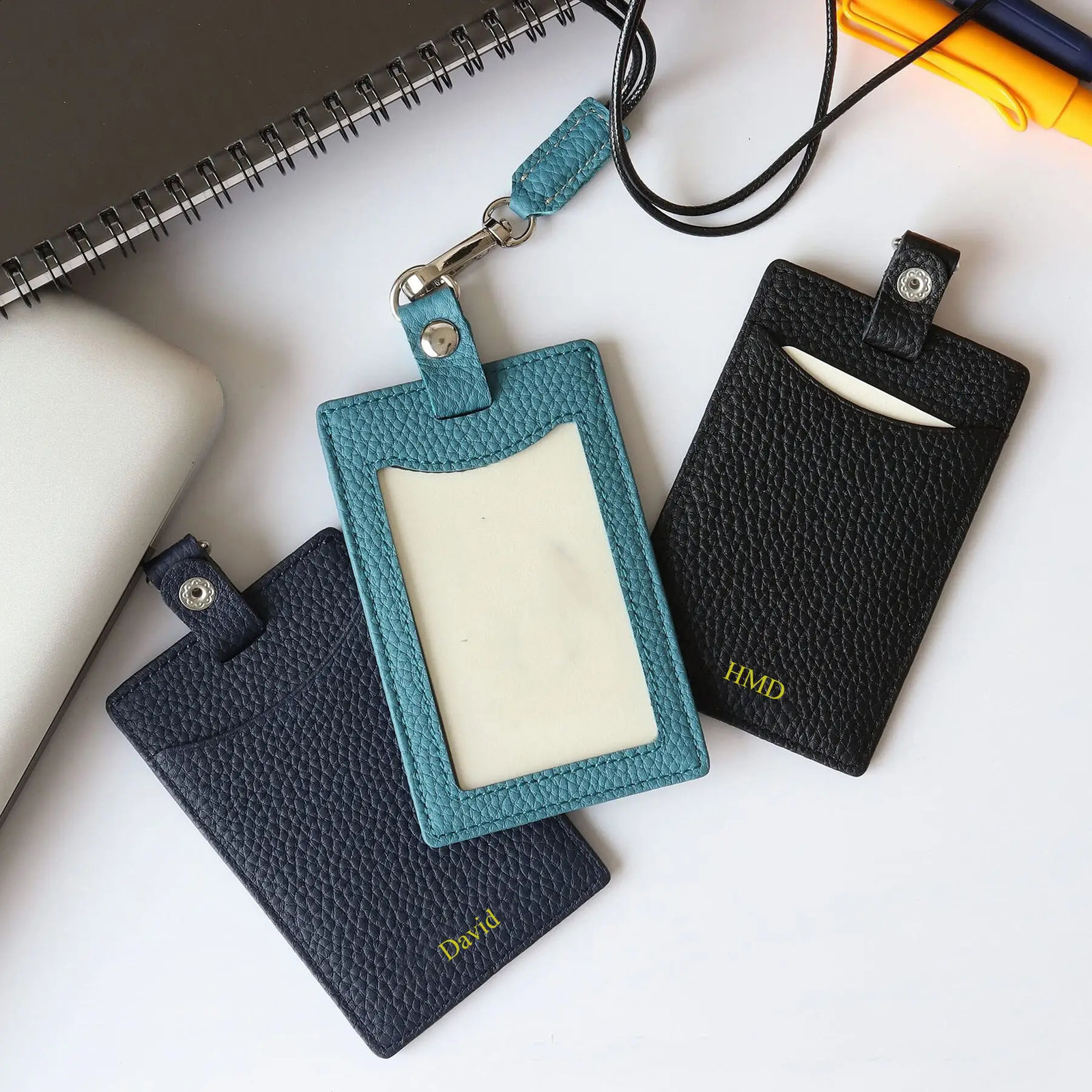 Momogrammed Letters genuine leather work card cover mens badge sleeve rope tie credit holder 240820