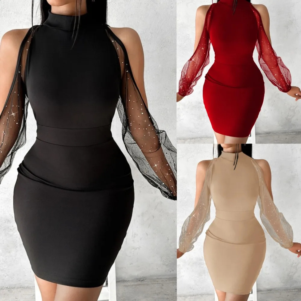 Autumn/Winter Dress Womens Round Neck Lace Long Sleeved Sexy Slim Fit Wrapped Hip Waist Dresses For Women Vestidos Para Mujer 240819