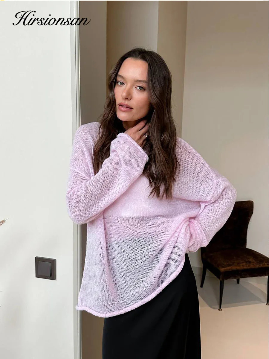 Hirssionsan Elegant Sweater Womens Summer and Autumn Casual Fashion Loose Floral Chic Pink White Parachute Suede Cream 240819