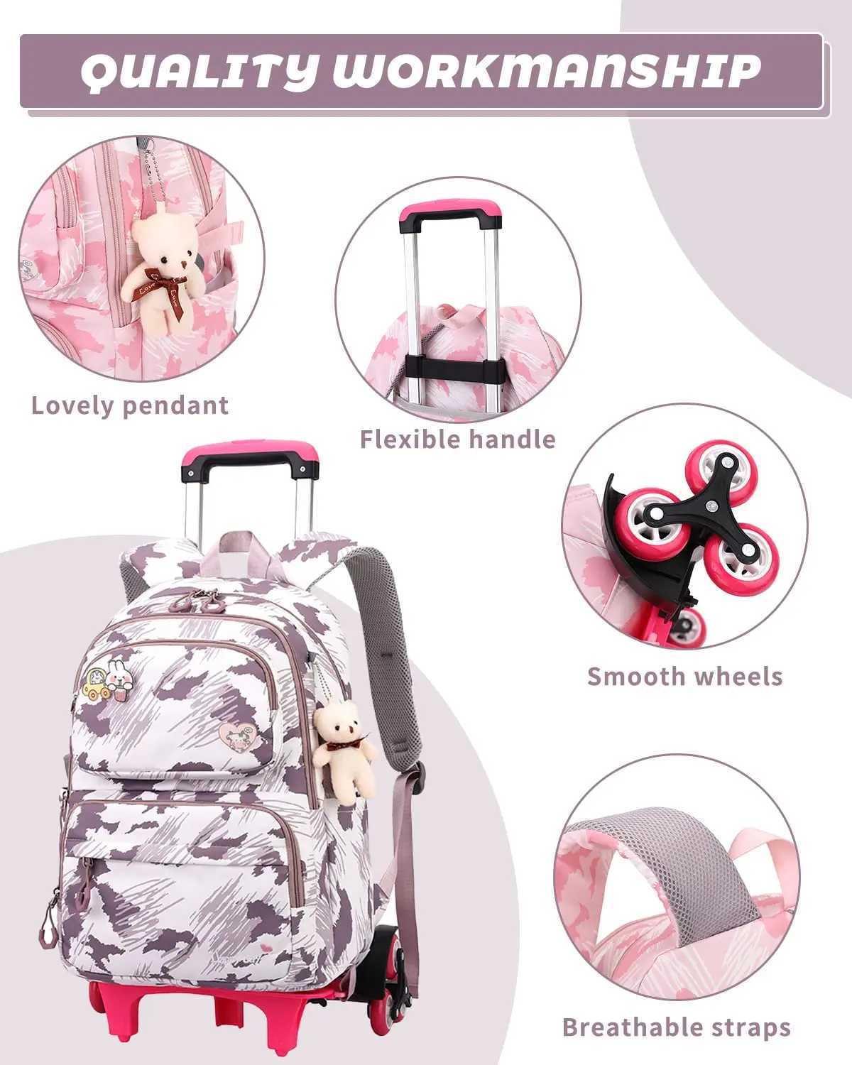 NEW School Trolley Backpack Lightweight Wheeled Backpacks for Girls Kids Elementary School Backpack on Casters 16 Inch Y240820