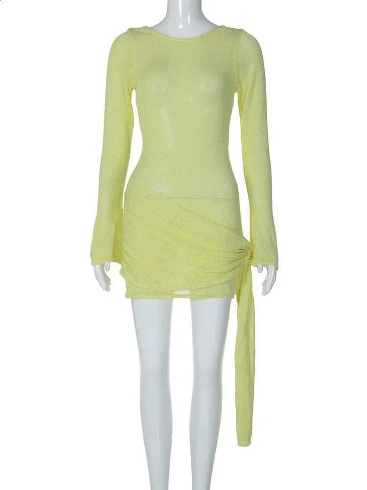 Knitted Backless Bandage Mini Dress Womens Sexy Floral Solid Color Long Sleeve Smocked Party Dress Slim Mini Dress 240819