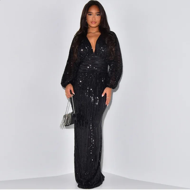 Women Sequined Deep V-neck High Waist Tunic Birthday Bodycon Midi Maxi Dress Autumn Sexy Party Dresses Vestidos 240819