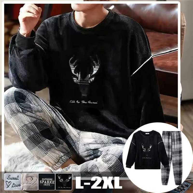 Winter mens wool casual long sleeved pajamas set coral velvet cute cartoon pajamas for couples plush thick warm pajamasW240719