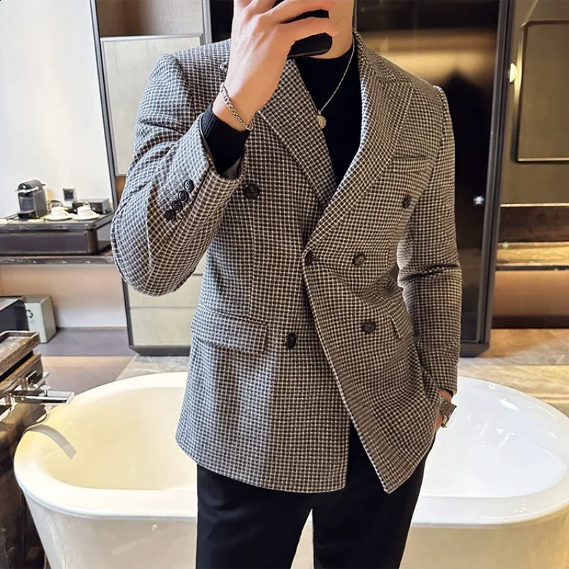 British style mens double chest ultrathin fit jacket Houndstooth official business wedding 240819