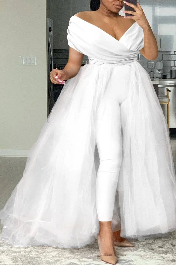 Plus Size Formal Casual One Piece Outfit Solid Off The Shoulder V Neck Tulle Jumpsuit With Tulle Skirts 240819
