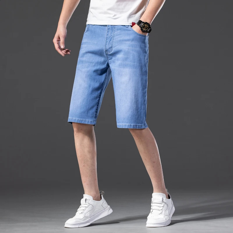 Classic style summer mens thin shorts Lyocell straight leg denim stretch fabric business casual 240819