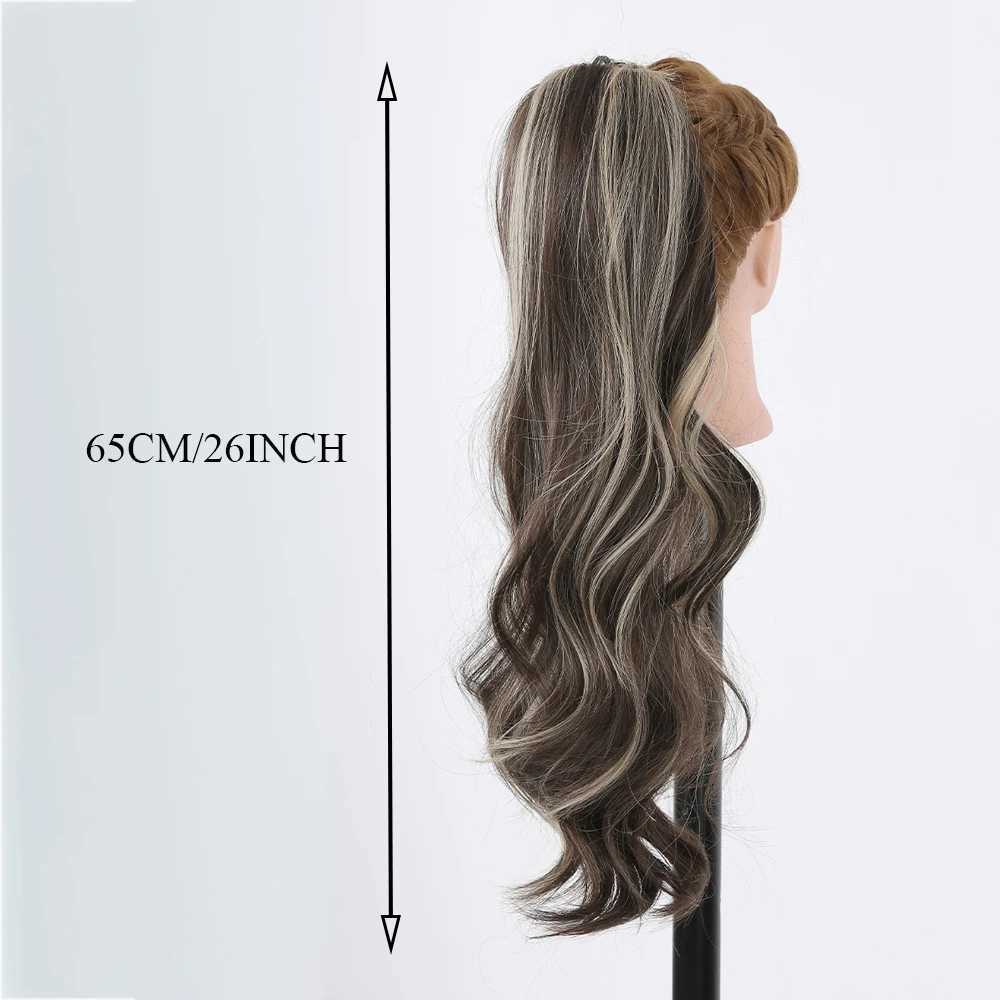 Ponytail hair extensions into a long wavy brushed ponytail suitable for brown women with golden highlights ponytail wig W240817
