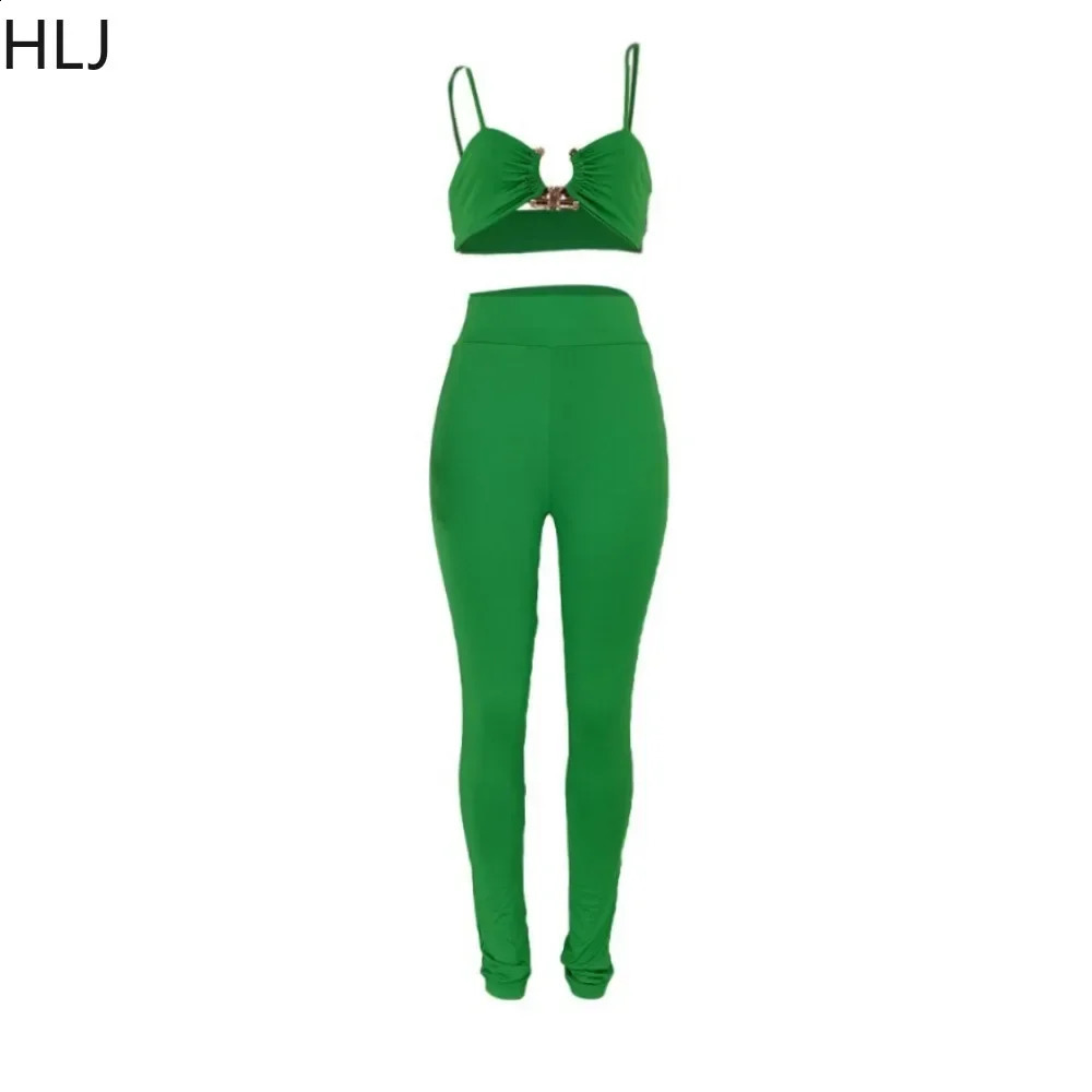 HLJ Sexy Solid Skinny Pants Two Piece Sets Women Thin Strap Sleeveless Bra Pants Outfits Fashion Lady Matching Nightclub Suits 240813