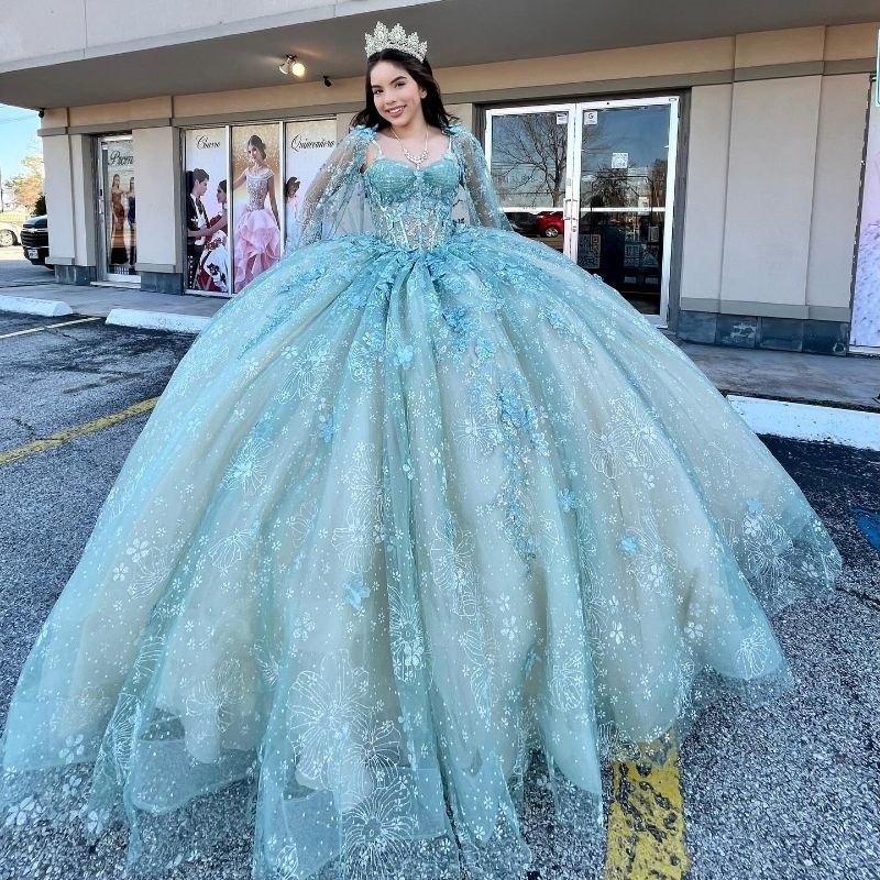 2024 Aqua Blue Sparkly Speciaal Quinceanera Dresses Applique Bow Beads Tull With Cape Lace-Up Birthday Party Sweet 16 Vestidos de 15