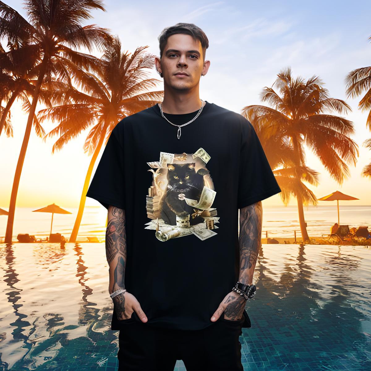 Free Shipping T shirt cat Breathable Short Sleeve High Street Hip Hop Custom Printing 230g Pure Cotton Men Clothes T-Shirt Fashion Casual Wear
