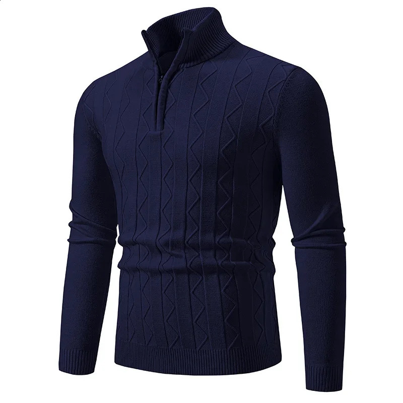 Knitted Sweater Mens Solid Color Warm Zipper Collar Fashionable Ultra Thin Fit Micro Elastic Pulling Sea Turtle Neck Harajuku 240819