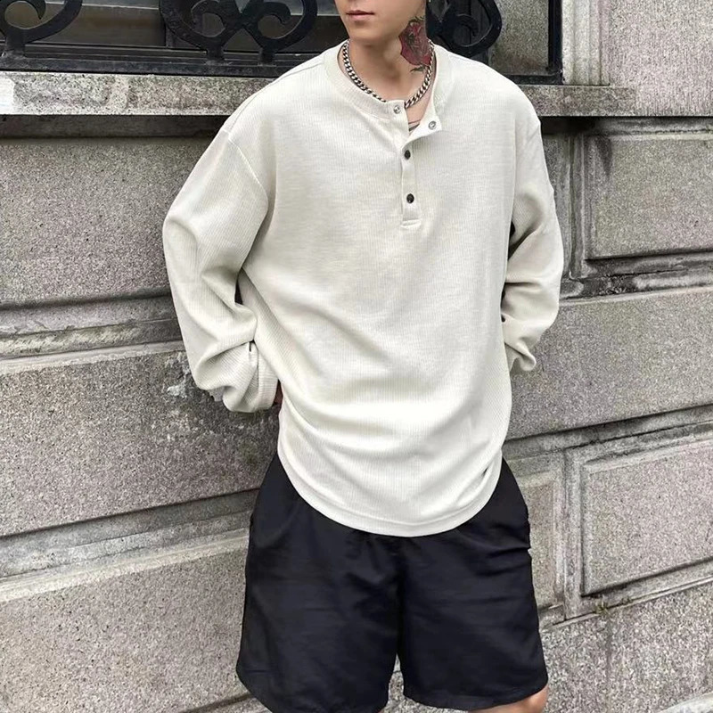 Autumn Winter Pleated Texture Long Sleeve Men T Shirt Buttons Fashion Casual Business Keep Warm 2xl Oversized Pullover Top White 240820
