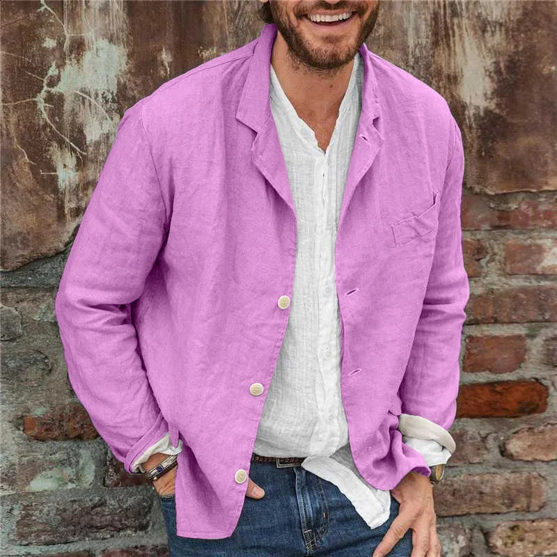 Fashion button collar jacket street clothing casual solid color set cotton linen mens spring 240819
