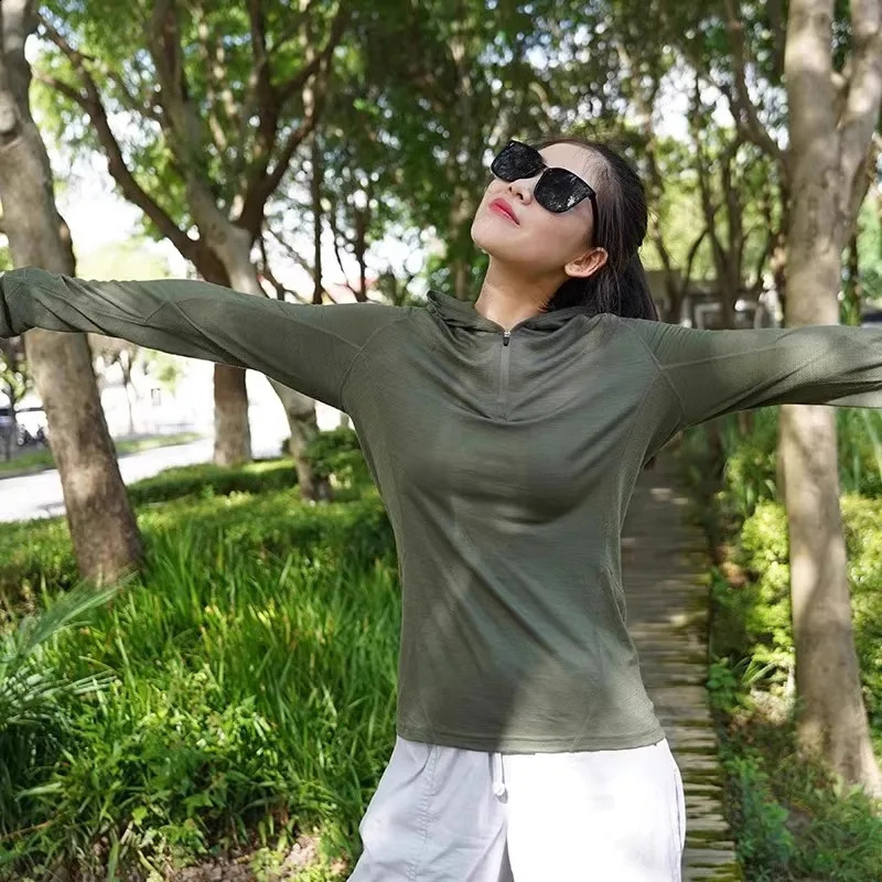 Outdoor womens springsummer Merino wool quick drying breathable splicing work mesh half zipper sleeping hooded sweatshirt sunshade screen 240819