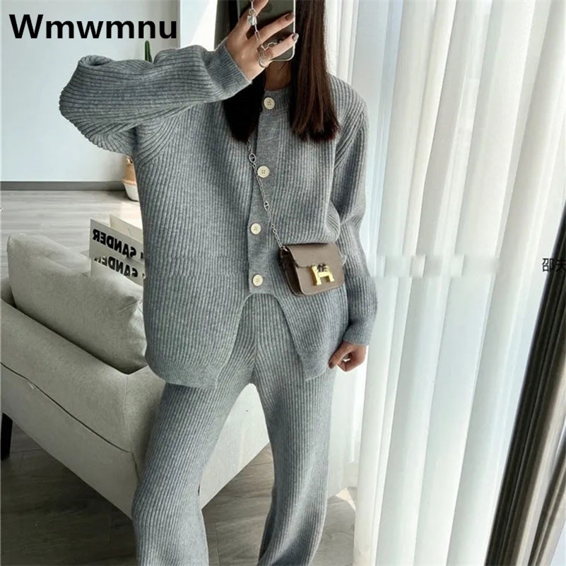 Elegant Knitwears Pants Ensembles Soft Sweater Cardigan Tops Suit Knit Wide Leg Pantalones Conjunto Casual Knitted Two Piece Set 240819