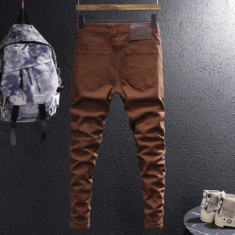 n mens jeans khaki brown elastic slim fit stretch retro Korean simple casual Hombre 240819