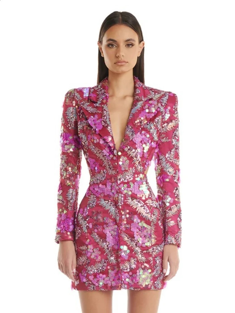 Womens Sexy Long Sleeves Sequins Mini Dress Sexy Backless Sequined Mini Bodycon Blazer Dresses Celebrity Party Evening Gowns 240819