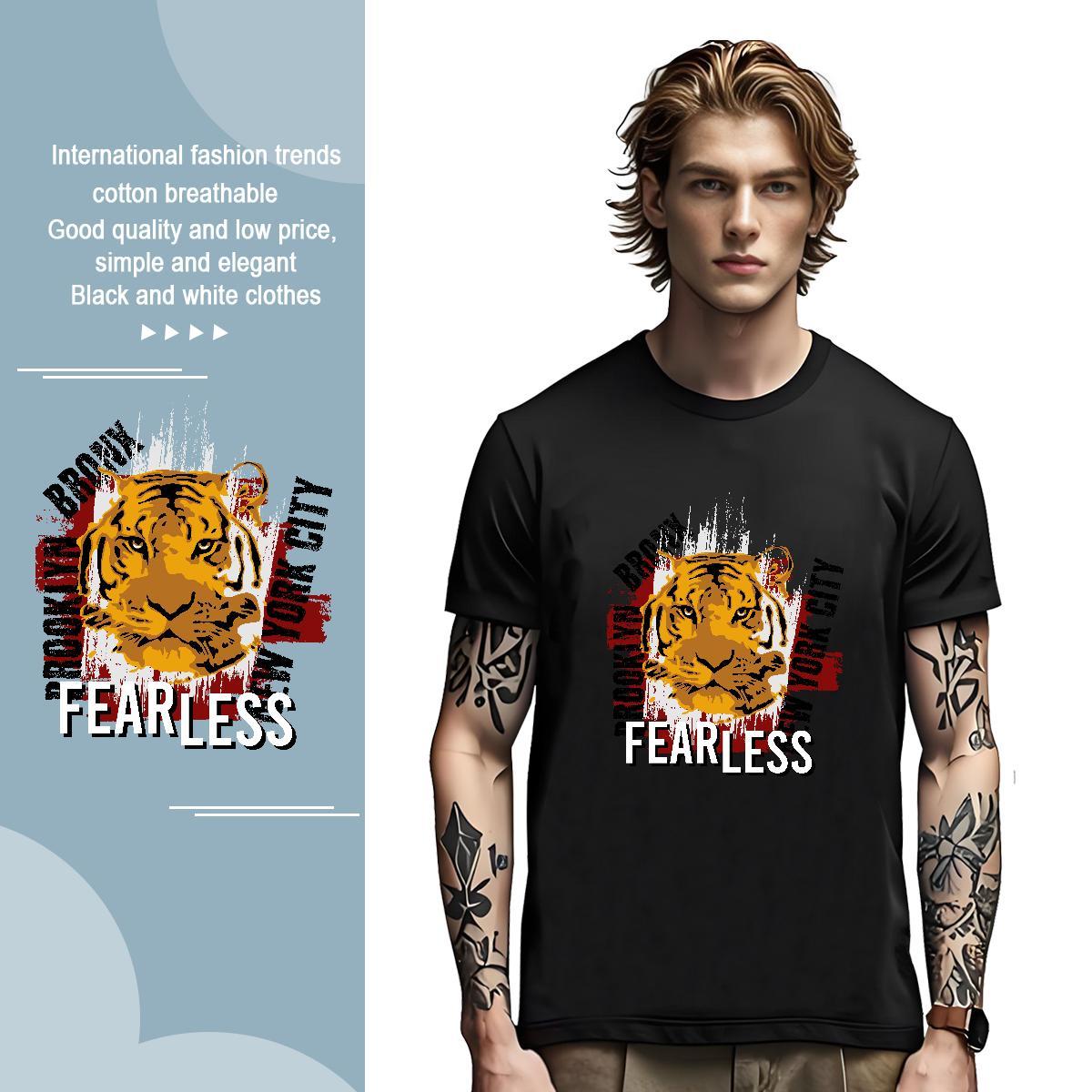 Classic T shirt tiger O Neck Short Sleeves Anime Printing Street Oversized 100% Cotton 230g Men Tshirts 2024 New Tees