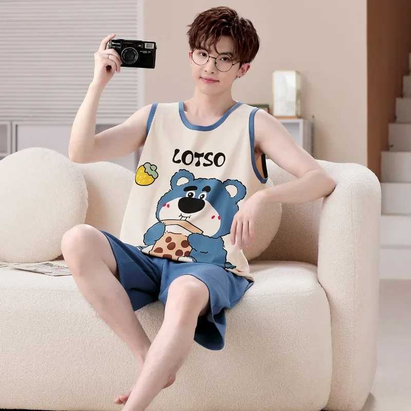 Mens summer cotton vest sleeveless short sleeved pajamas thin home clothes plus size cotton pajamas set 2024W240719