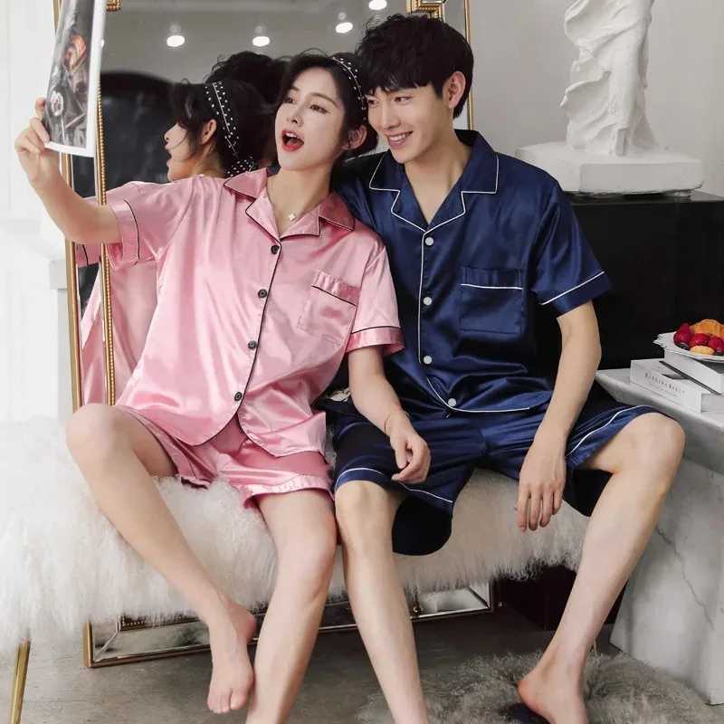 Solid color sleepwear silk satin sleepwear couple set short sleeved sleepwear set womens casual sleepwear plus size Pj set W241221