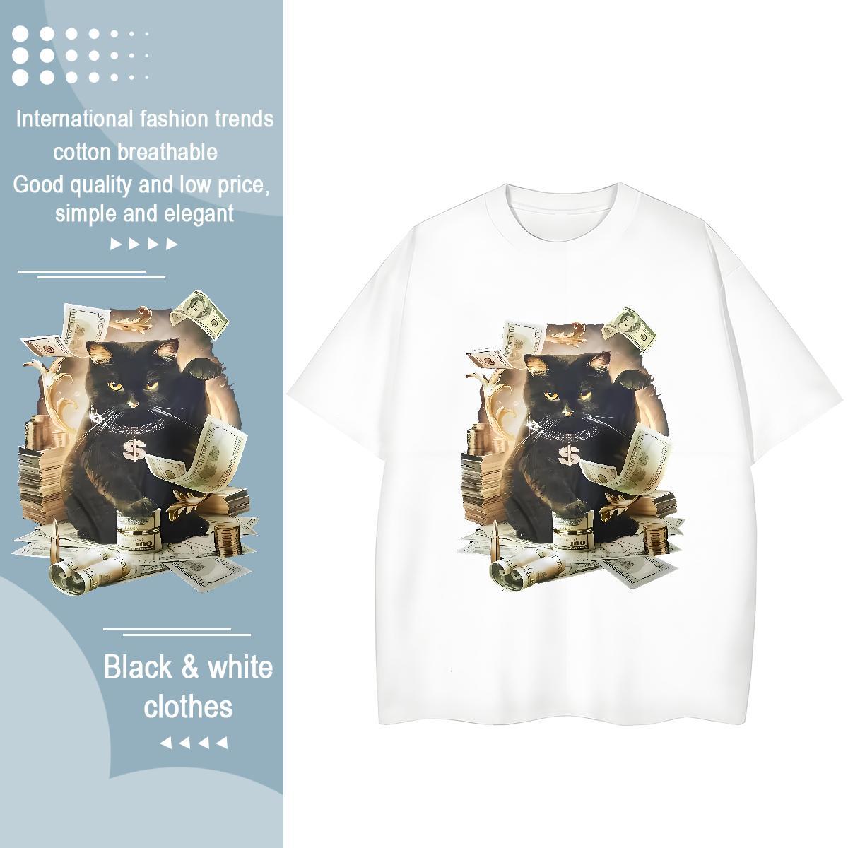 Loose Mens T Shirts cat Breathable Crew Neck Summer Casual Skull 100% Cotton 230g Men Tops Tees Fashion Casual Tees Shirts
