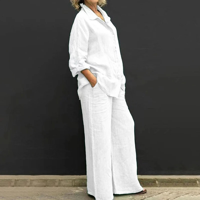 Plus Size Cotton Linen 2Pcs Set Women Autumn Long Sleeve Shirt Trousers Set Fashion Solid Straight Pants Suits Women Outfits 240820