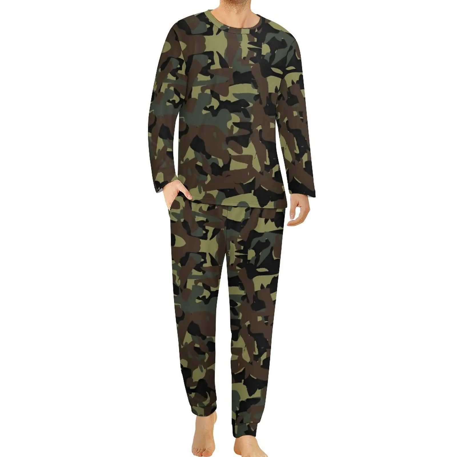Camouflage printed pajamas autumn 2-piece military camouflage cute pajamas set mens long sleeved bedroom printed pajamas 3XL 4XL 5XLW240719