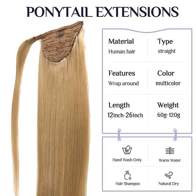 QHP straight ponytail human glowing smooth wrap ponytail hair clip in hair extension Brazilian ponytail natural hair- W240817